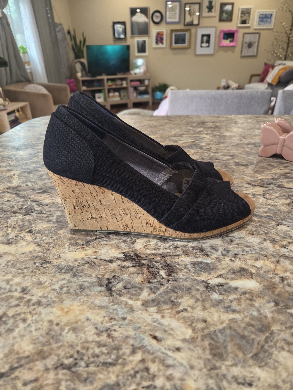 Toms Black Canvas Cork Wedge Peep-Toe